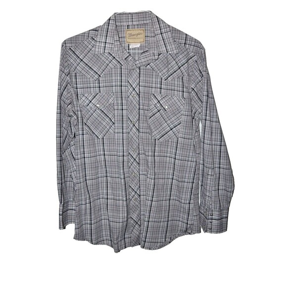 Wrangler Retro Western Shirt Mens M gray Plaid Pearl Snap Cowboy Pockets - Picture 1 of 5